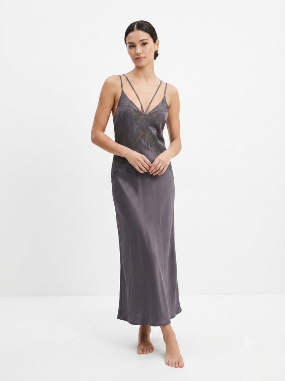 Zara Slip Dress Y2K Babydoll Satin Gray Embroidered Satin Maxi Sleeveless XS